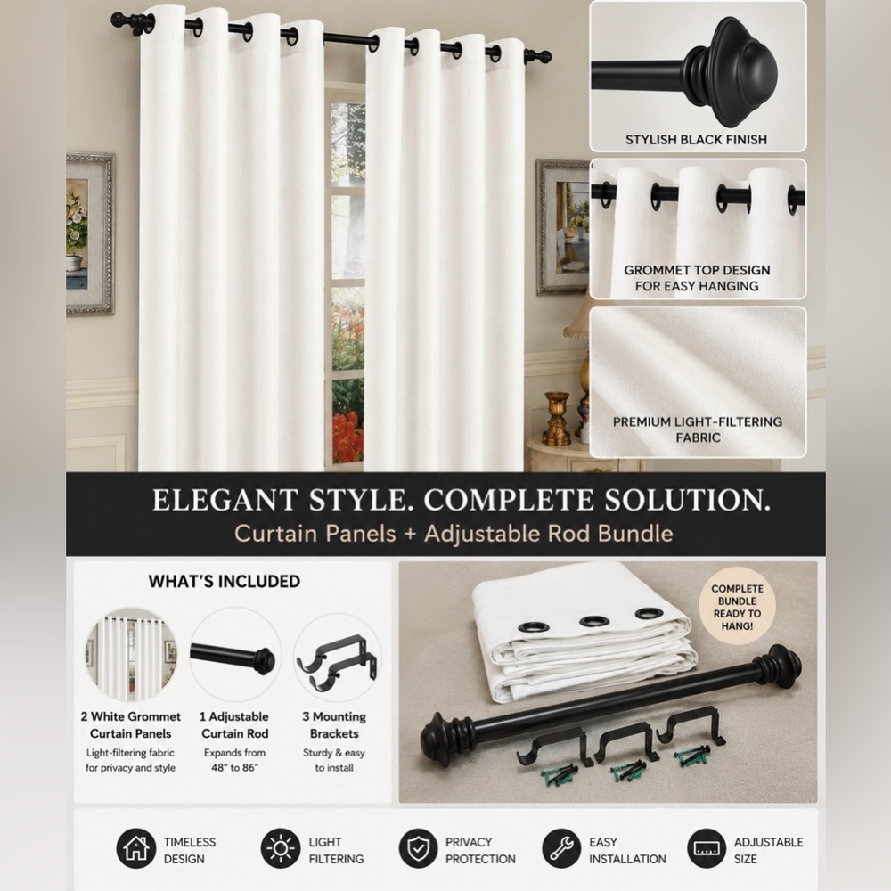 White Silk Blackout Draperies with Black Hardware Bundle